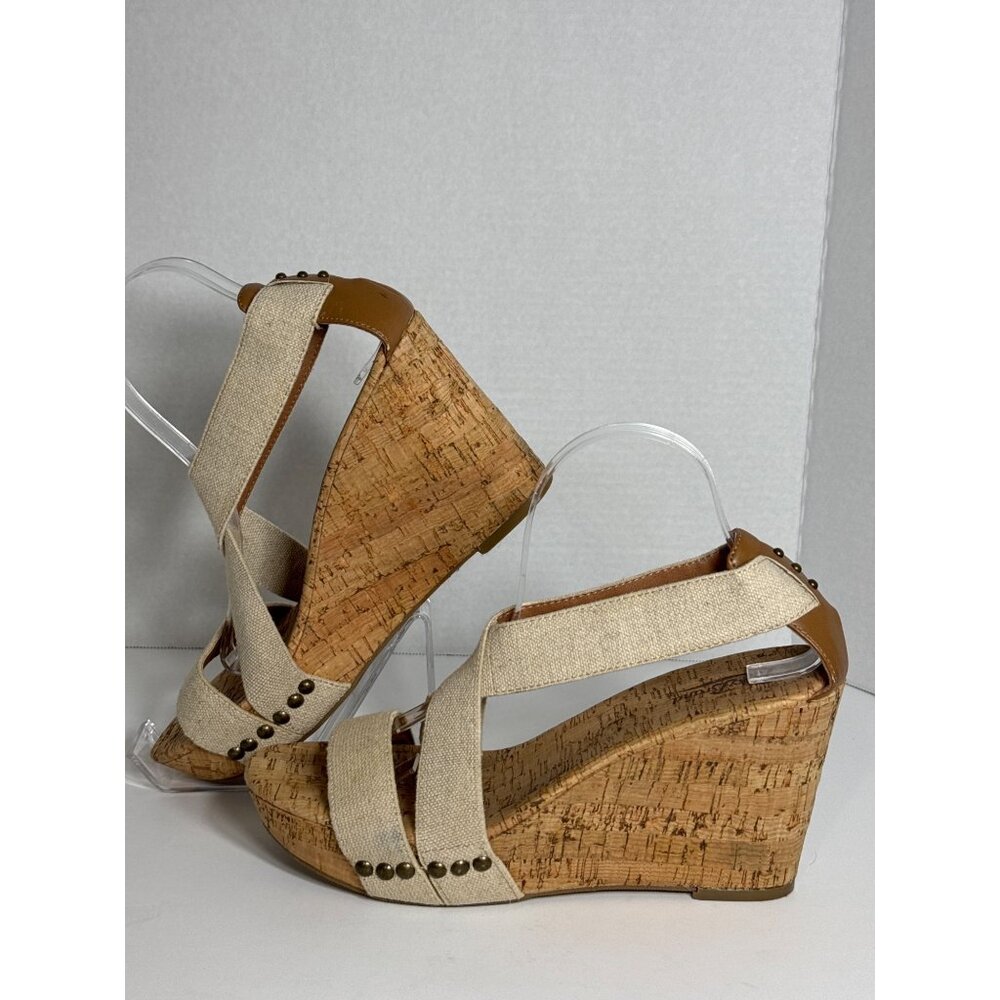 Lucky Brand Beige Strappy Cork Wedge Sandals With Studded Detail Women Size 10M